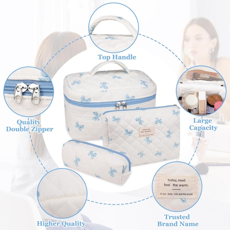 Gosect 3PC Makeup Bag Set, Quilted Makeup Bag, Large Floral Cosmetic Bag for Women, Cute Cotton Makeup Bags, Flower Travel Toiletry Organizer Bag (White and Blue Bow) - Image 3
